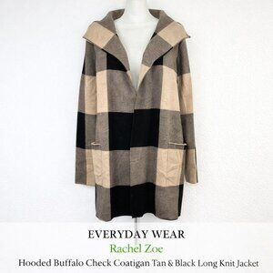 Rachel Zoe XL Hooded Buffalo Check Coatigan Tan Black Long Knit Jacket
